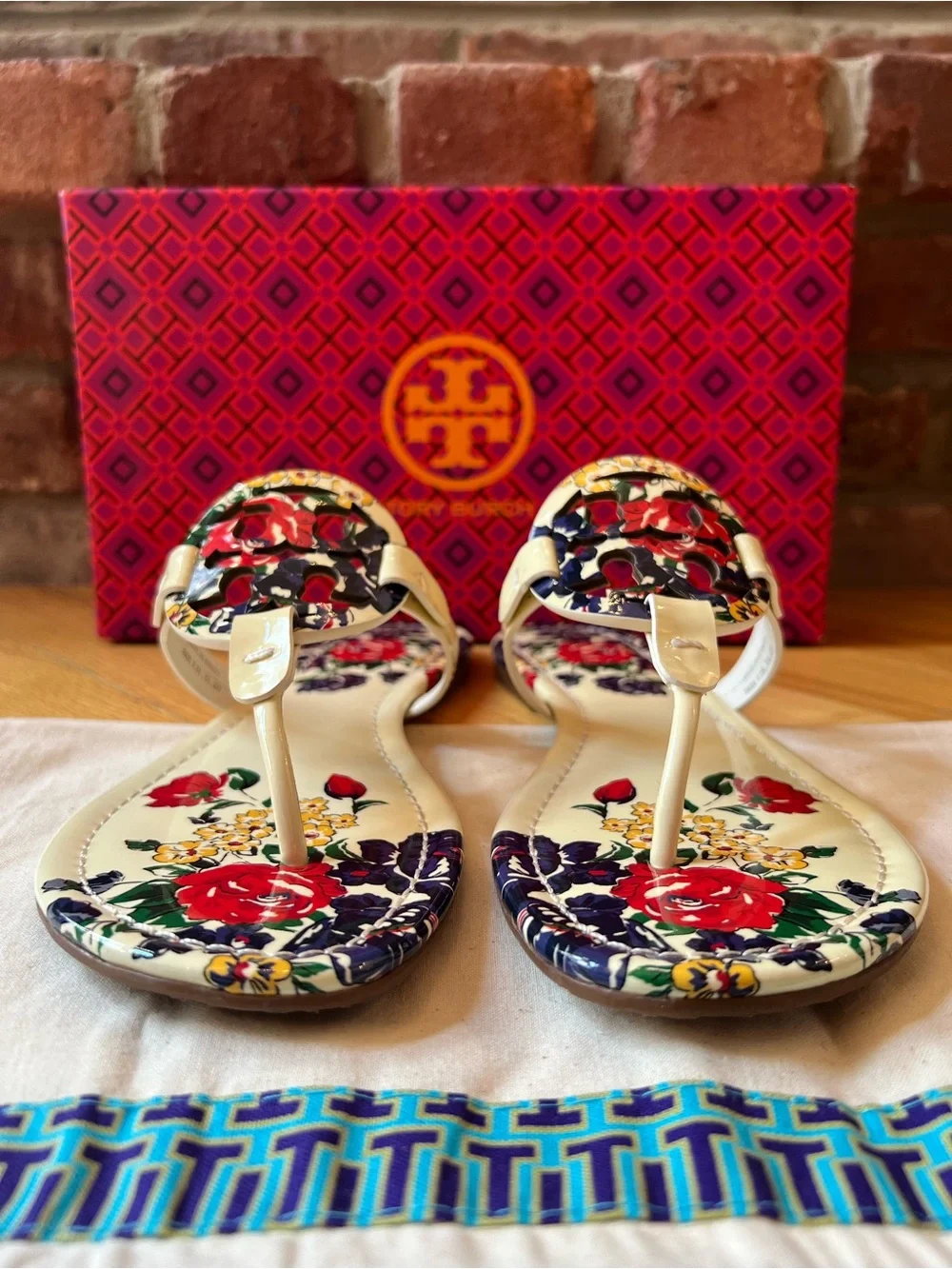 Tory Burch Ivory Tea Rose Floral Printed Patent Leather Miller Sandals